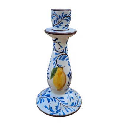 Les-ottomans Ceramic Positano Lemons Candle Holder In Blue
