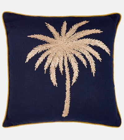 Les-ottomans Embroidered Cotton Canvas Cushion In Blue