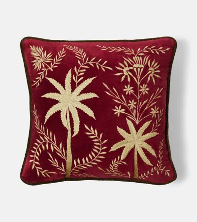 Les-ottomans Embroidered Cotton Velvet Cushion In Red