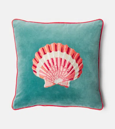 Les-ottomans Embroidered Cotton Velvet Cushion In Blue