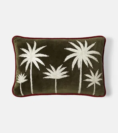 Les-ottomans Embroidered Cotton Velvet Cushion In Green