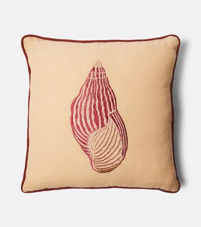 Les-ottomans Embroidered Cotton Velvet Cushion In Pink