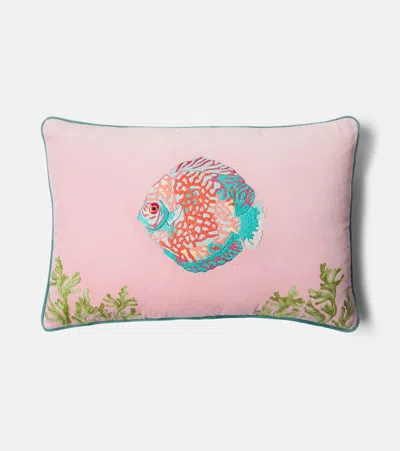 Les-ottomans Embroidered Cotton Velvet Cushion In Pink
