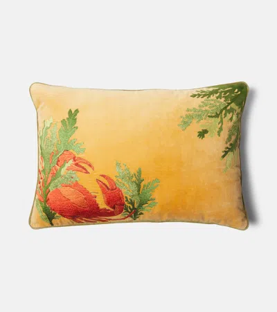 Les-ottomans Embroidered Cotton Velvet Cushion In Yellow