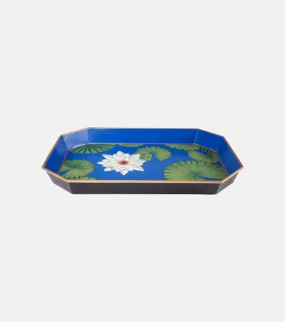 Les-ottomans Flowers Painted Iron Tray In Blue
