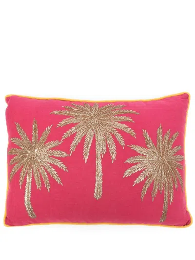 Les-ottomans Hand-embroidered Linen Cushion (57cm X 41cm) In Pink