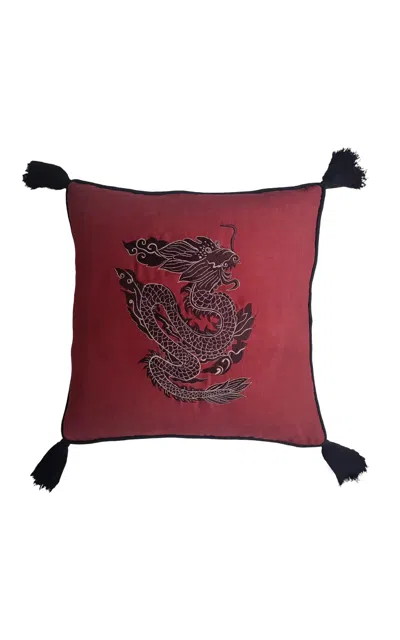 Les-ottomans - Hand-embroidered Linen Cushion With Tassels - Red Dragon - Red