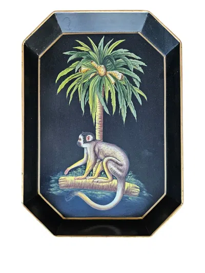 Les-ottomans Iron Hand-painted Monkey Tray In Blue