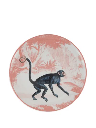 Les-ottomans Monkey Printed Porcelain Plate In Pink
