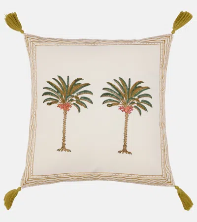 Les-ottomans Palms Printed Cotton Cushion In Multi