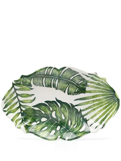 Les-ottomans Green Leaves Ceramic Tray In White