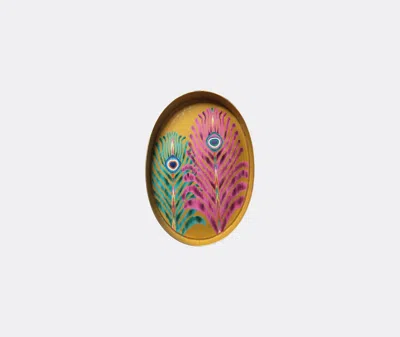Les-ottomans Peacock Feather Oval Tray In Multicolor