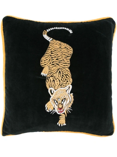 Les-ottomans X Browns Tiger-embroidered Velvet Cushion In Black