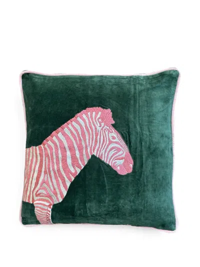 Les-ottomans Zebra-embroidered Velvet Cushion In Green