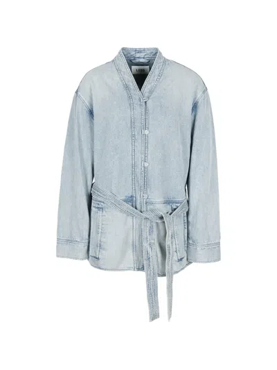 Less Belted Wrap-collar Denim Jacket In Blue