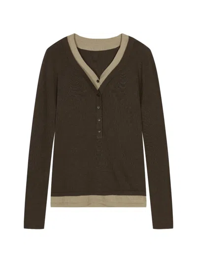 Less Layered-effect Button-placket Sweater In Brown