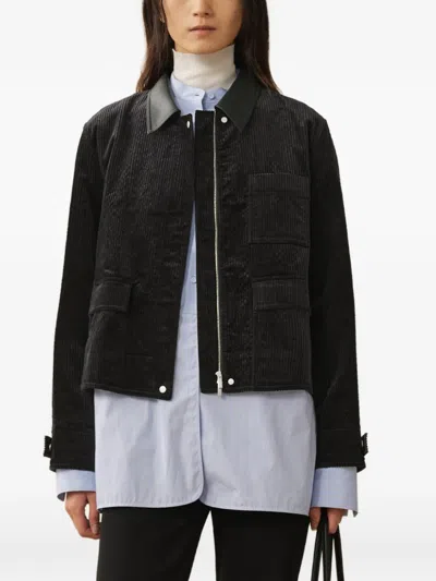 Less Leather-collar Corduroy Jacket In Black