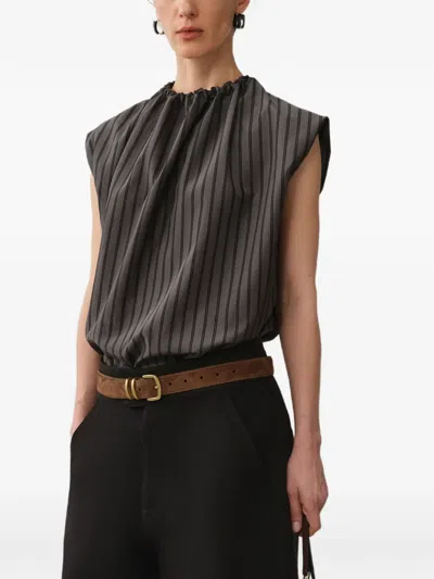 Less Shirred-neck Striped Blouse In Grey