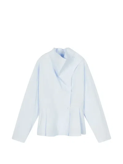 Less Wrap-collar Peplum-hem Shirt In Blue