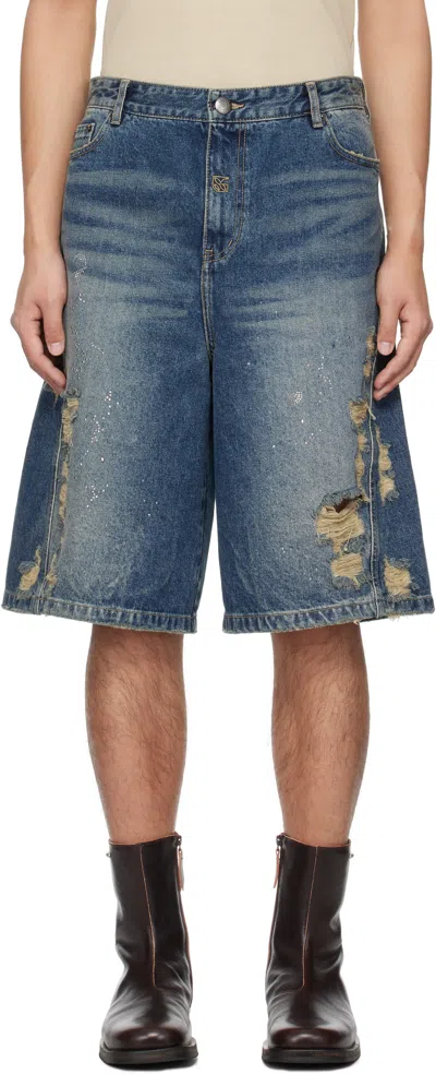 Lesugiatelier Blue Crystal Embellished Ripped Denim Shorts