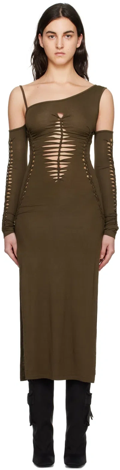 Lesugiatelier Brown Cutout Midi Dress In Khaki