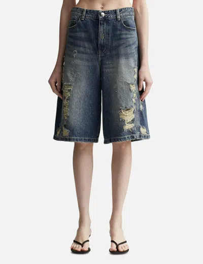 Lesugiatelier Crystal-embellished Ripped Denim Shorts In Blue