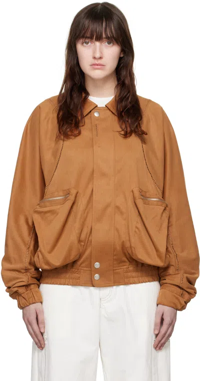 Lesugiatelier Tan Embroidered Faux-leather Bomber Jacket In Brown