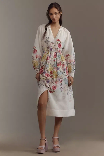 Let Me Be Long-sleeve V-neck Floral A-line Midi Dress In White