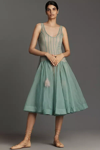 Let Me Be Seamed Sleeveless Basque-waist Floral Dress In Green
