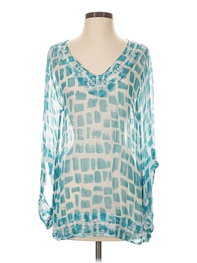 Pre-owned Letarte 3/4 Sleeve Silk Top Teal Plunge Neckline Tops