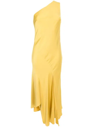 Lethicia Bronstein Asymmetric Satin Midi Dress In Yellow