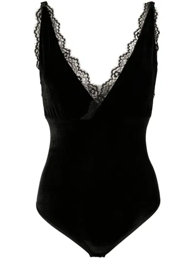 Lethicia Bronstein Lace-trim Velvet Bodysuit In Schwarz