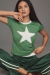 Letluv Star Short-sleeve Ringer Crew-neck Tee In Green