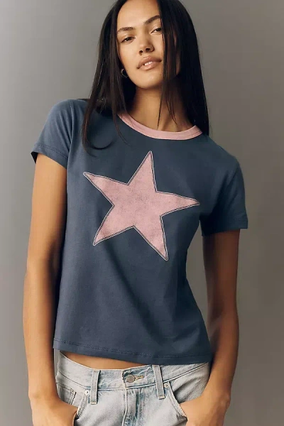 Letluv Star Short-sleeve Ringer Crew-neck Tee In Blue