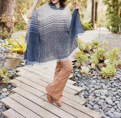 Leto Cheyenne Herringbone Tweed Poncho In Blue