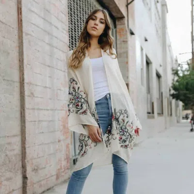 Leto Embroidered Floral Kimono In Cream In Grey