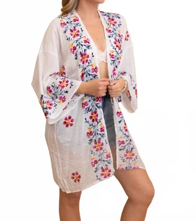 Leto Floral Embroidered Anemone Kimono In White In Beige