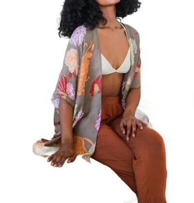 Leto Floral Motif Boho Festival Cover Up Kimono In Taupe In Grey