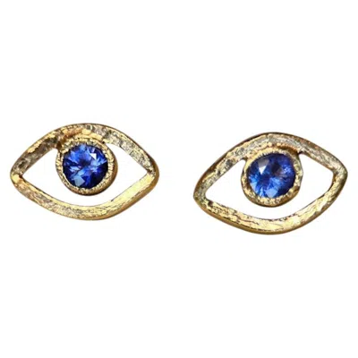 Pre-owned Leto Lama Blue Sapphire Evil Eye Earrings 18 Ct Gold