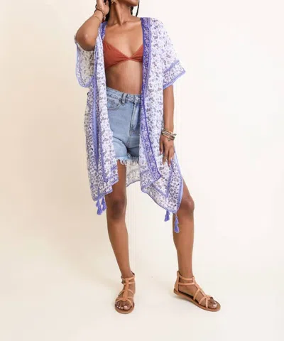 Leto Lightweight Boho Festival Ditsy Floral Paisley Kimono In Lilac Blue White In Multi
