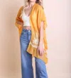 Leto Lightweight Floral Embroidered Tassels Boho Festival Kimono Wrap In Mustard In Yellow