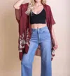 Leto Lightweight Floral Embroidered Tassels Boho Festival Kimono Wrap In Rosewood In Pink