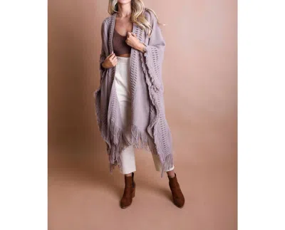 Leto Open Work Frayed Border Bohemian Ruana Shawl Wrap In Lilac Grey