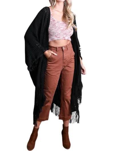 Leto Open Work Frayed Border Bohemian Ruana Wrap Shawl In Black