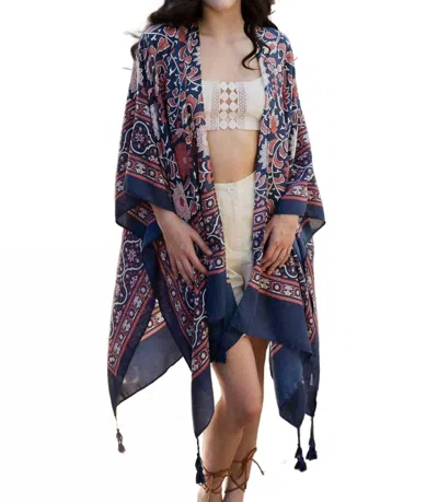 Leto Touch Of Morocco Tapestry Tassel Boho Kimono Wrap Shawl In Blue