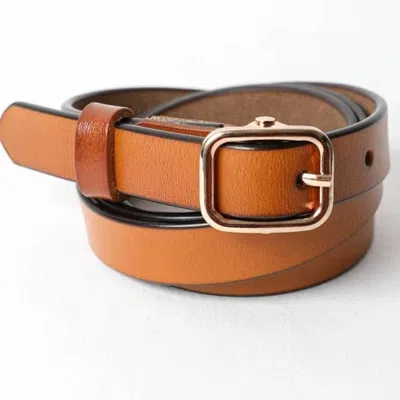 Leto Women's Buckle Classic Skinny Leather Belt In Camel Brown In Yellow