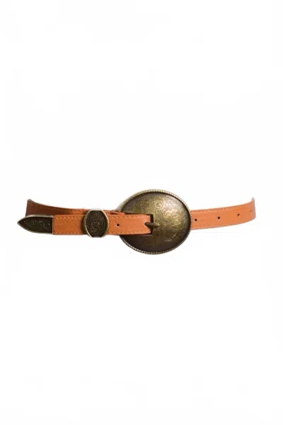 Leto Women's Oval Embossed Vintage Look Buckle Western Belt In Camel Brown