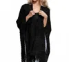 Leto Women's Soft Diagonal Knit Fringe Trim Ruana Wrap Shawl In Black In Black