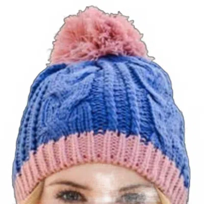 Leto Women's Two Tone Pom Pom Cable Knit Beanie In Blue & Pink