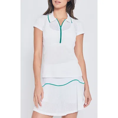 L'etoile Sport Mesh Zip Performance Polo In White With Green Trim